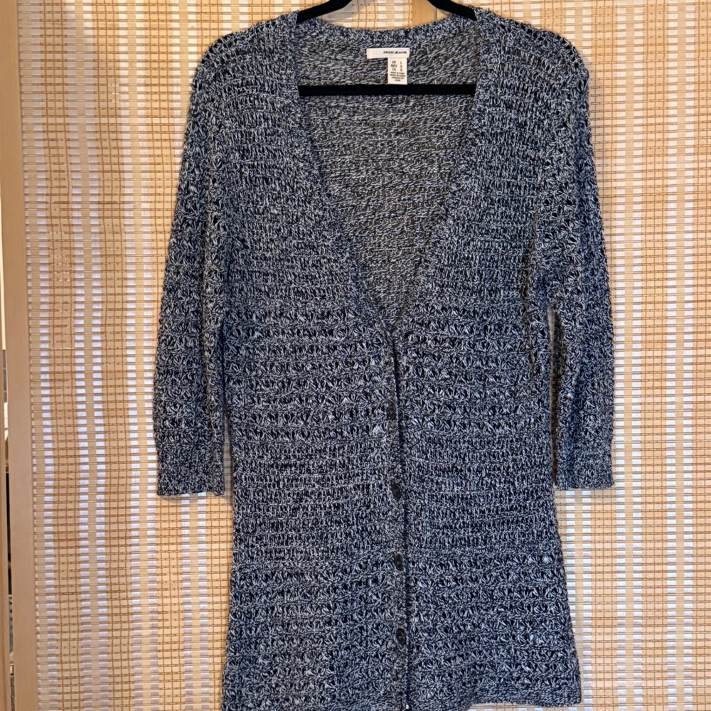 DKNY Jeans Womens Black White Marled Knit Longline Cardigan Sweater Large L